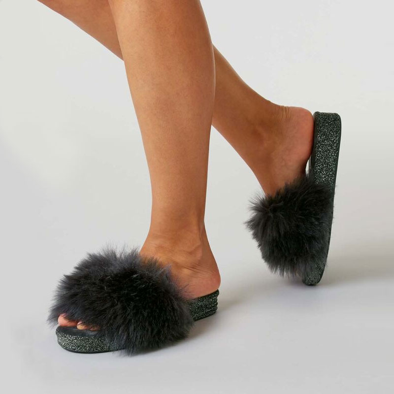 grey fluffy slippers womens