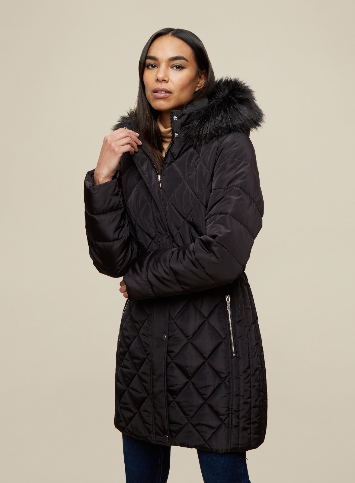 Dp Ladies Womens Black Winter Long Line Fur Padded Jacket Coat Size 10
