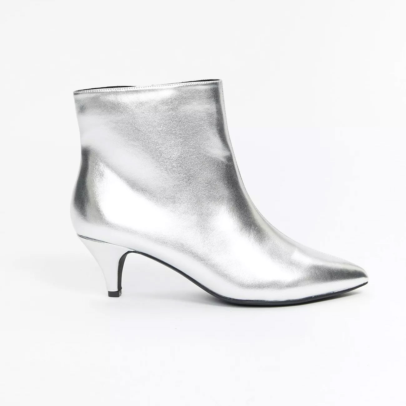 EVANS Womens Silver Low Kitten Heel Ankle Boots Metallic Zipper Shoes ...