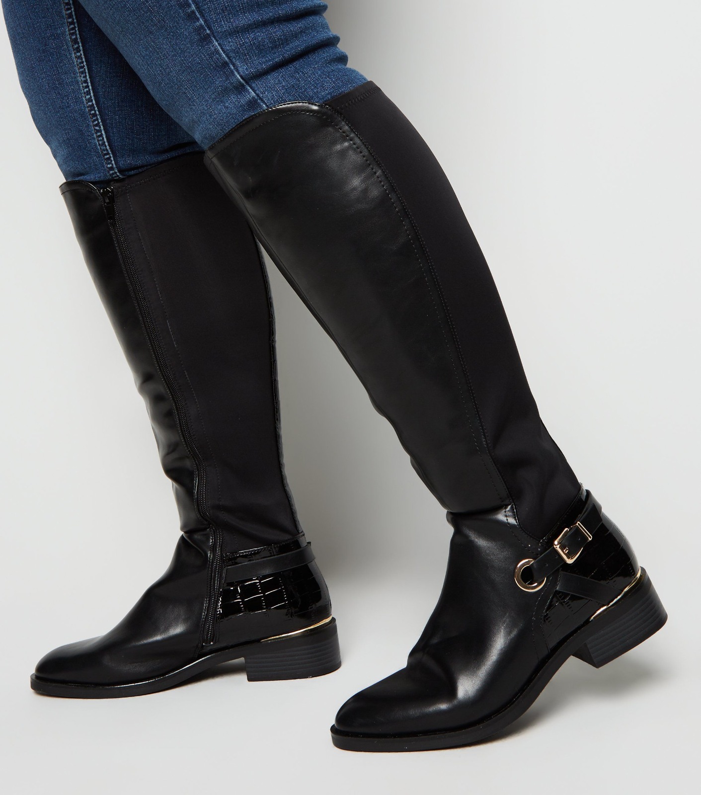 New Look Extra Calf Fit Black Leather Look Knee High Riding Boots 0 2 